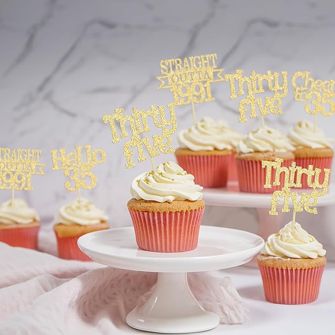 Ephlyn 24Pcs Happy 35th Birthday Cupcake Toppers Gold Thirty Five Cupcake Picks Hello 35 Cheers to 35 Years Birthday Cake Decorations for 35th Birthday Anniversary Party Decor Supplies
