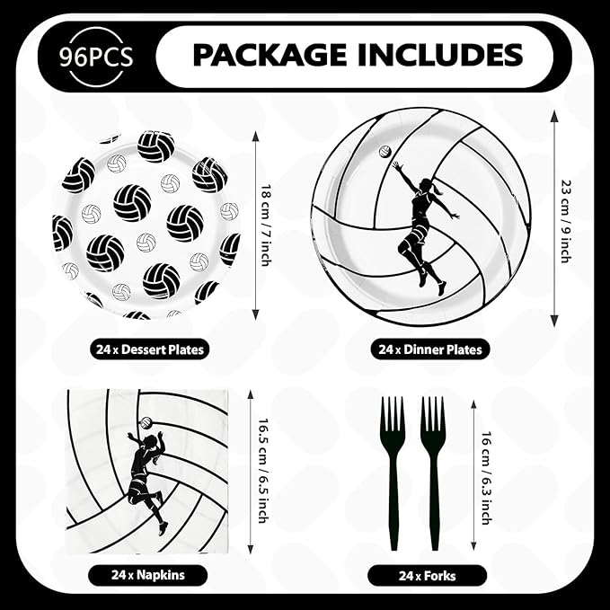 Grencian 98Pcs Volleyball Birthday Party Supplies 96Pcs Volleyball Paper Plates Napkins Forks 2 Pcs Tablecloths Sports Theme Party Disposable Tableware for Girls Birthday Decorations Serves 24