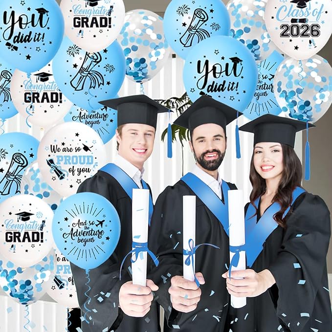 75Pcs Light Blue Graduation Balloons Decorations Class of 2026 Graduation Party Supplies with Grad Balloon Ribbons for Grad Party Decoration