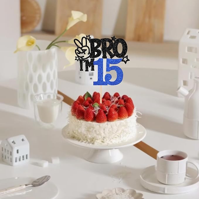 1 PCS Brother I'm 15 Cake Topper Glitter Star Happy 15th Birthday Cake Pick Bro I'm 15 Cake Decoration It's My 15th Birthday Decorations for Boys Cheers to 15 Years Old Birthday Party Supplies Blue