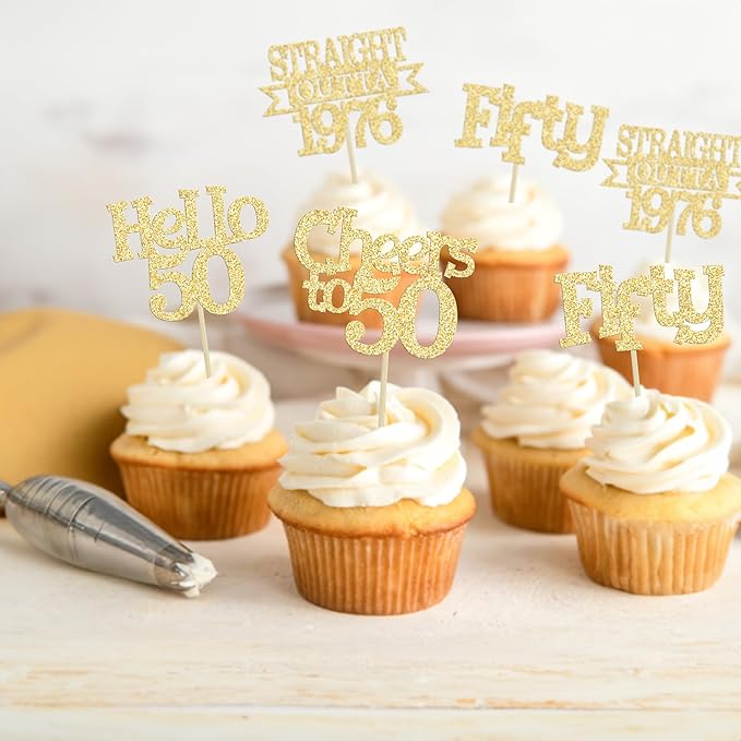 Ephlyn 24Pcs Happy 50th Birthday Cupcake Toppers Glitter Straight Outta 1976 Cupcake Picks Hello 50 Cheers to 50 Years Birthday Cake Decorations for 50th Birthday Anniversary Party Supplies Gold