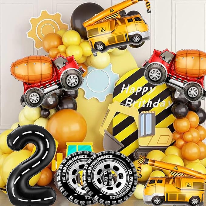 2nd Birthday Decorations for Boys Construction Balloons 40inch Number 2 Balloons Truck Foil Balloon for Construction Birthday Party Decorations Supplies