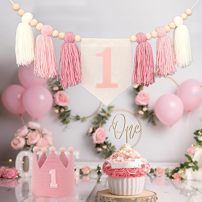 Pink Baby Girl 1st High Chair Banner Wood Bead Tassel Garland Crown Hat Wooden Cake Topper Birthday Party Decorations