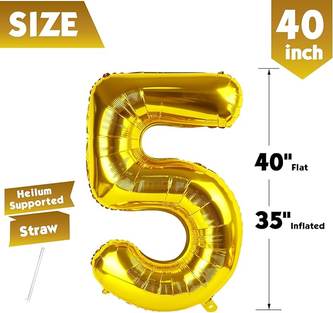 40 Inch Gold Number 5 Balloon, Giant 5 Number Balloons for 5th Birthday Decorations, Party Supplies for Baby Boy Girl, Gold Party Decor