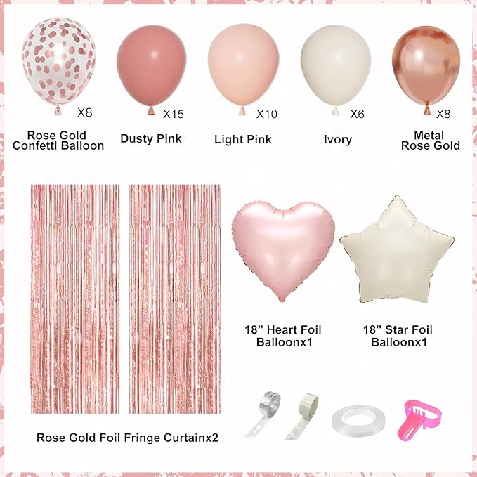 Pink Birthday Party Decorations, Dusty Pink Sand Confetti Rose Gold Balloons Happy Birthday Banner Fringe Curtains Butterfly Hanging Swirls Circle Dots Tassels Pompoms for Women Girls Party Supplies