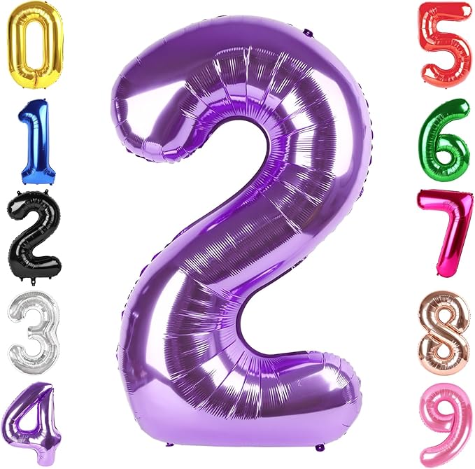 40 Inch Purple Number 2 Balloon, Giant 2 Number Balloons for 2nd Birthday Decorations, Party Supplies for Baby Boy Girl, Purple Party Decor