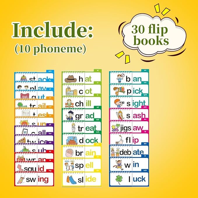 30 Read Word Families Learn to Read Flash Cards Set, Phonics and Sight Words with Activity Book, Read and Rhyme Flip Activity Book,ABC Vocabulary Flashcards Reading Games
