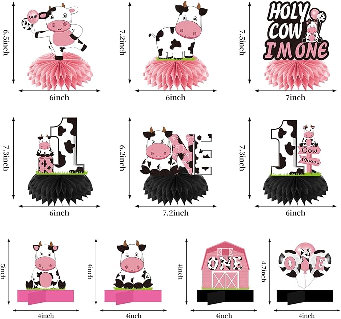 Holy Cow I'm One Birthday Decorations Girls, Cow First Birthday Honeycomb Centerpiece Party Supplies, Baby 1st Birthday Cow Themed Table Toppers Sign Decor