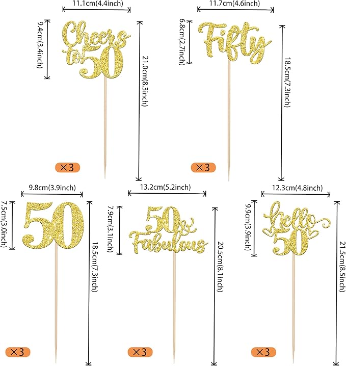 15PCS Happy 50th Birthday Centerpiece Sticks Hello 50 Fabulous Table Flower Centerpieces Sticks Fifty Cheers to 50 Years Floral Decoration for Happy 50th Birthday Party Centerpieces Sticks Gold