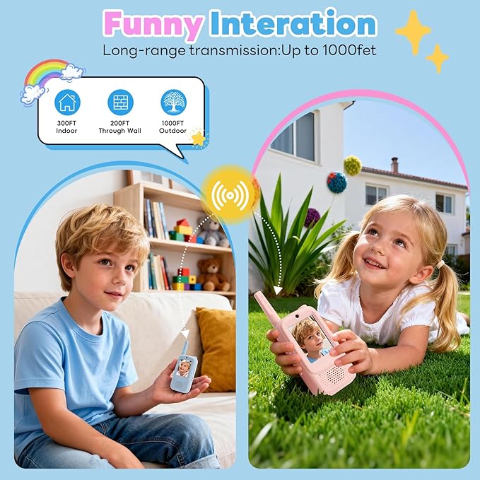 Video Walkie Talkies for Kids, 2 Pack Handheld Rechargeable Walkie Talkie 2 Player Toy with Screen, Long Range Two Way Radios, 4 Voice Effects, Fun Birthday Gift for Boys Girls Ages 3 4 5 6 7 8-12