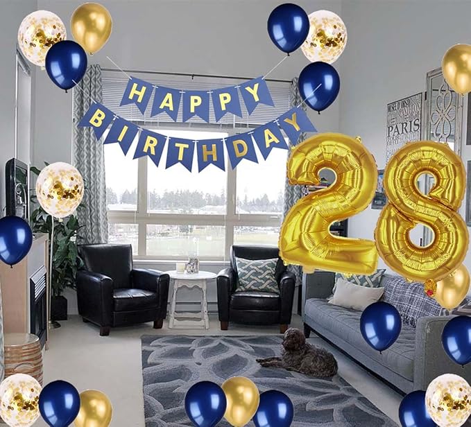 28th Birthday Decoration for Men, Navy Blue Gold 28th Party Balloons Supplies, 28th Happy Birthday Banner Number 28 Foil Metallic Confetti Balloons for Men Him Women Her 28th Birthday Party(28th)