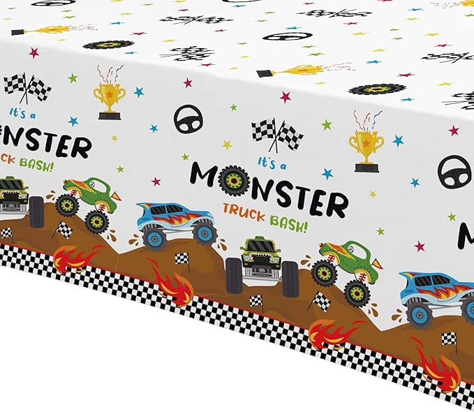 Monster Truck Birthday Decorations Tablecloth - Disposable Monster Truck Birthday Party Supplies Table Cover for Kids - 3 Pack (54in x 108in)