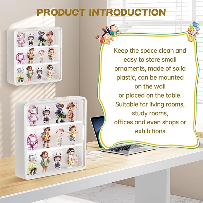 2Pcs White Display Case for Figures,Wall Mounted Acrylic Clear Storage Case,Dust Proof Display Cabinet Organizer with Shelves Magnetic Door for Mini Figure Toys or Collectibles Figures