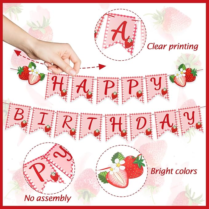 Paper Jazz Strawberry Hanging Banner Decorations，Red Fruit Banners Happy Birthday, Red Berry First Birthday Party Supplies for Theme 1st Birthday And Garden Party,Strawberry Themed Party Favors.