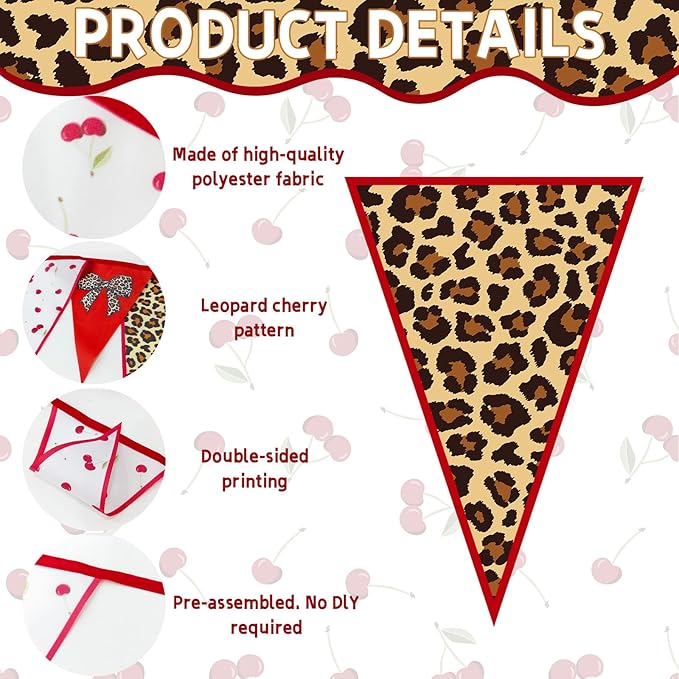 49.2 FT Leopard Party Decorations Leopard Triangle Banner Cheetah Cherry Print Theme Pennant Banner Flags Decor for Birthday Baby Shower Family Farm Glamping Camp Party Supplies 60pcs