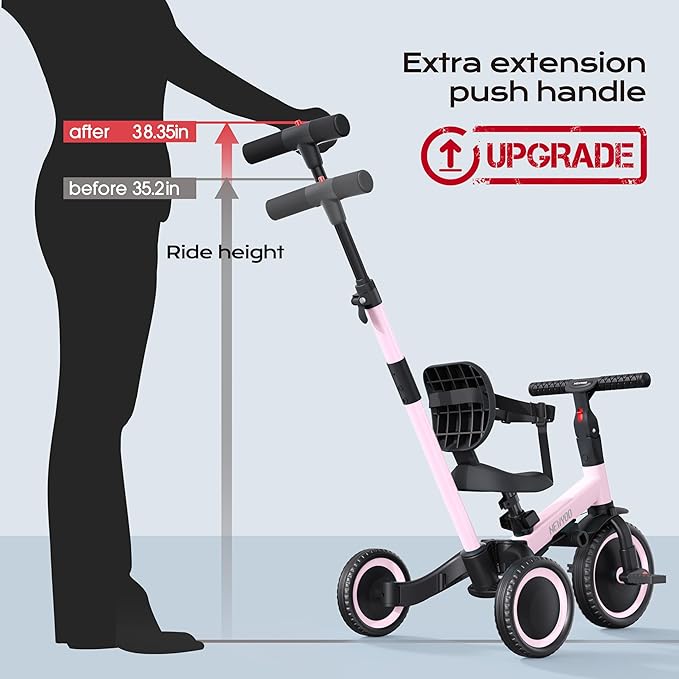 newyoo Toddler Tricycle,Toddler Bike,Birthday Gifts and Toys for 1-3 Year Old Boys and Girls, Trike with Push Handle, Backrest and Safety Belt, Balance Bike, TR007, Pink