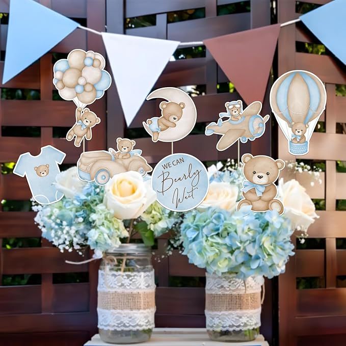 16Pcs We Can Bearly Wait Centerpieces for Baby Shower Decorations Blue Bear Baby Shower for Boys Birthday Party Supplies