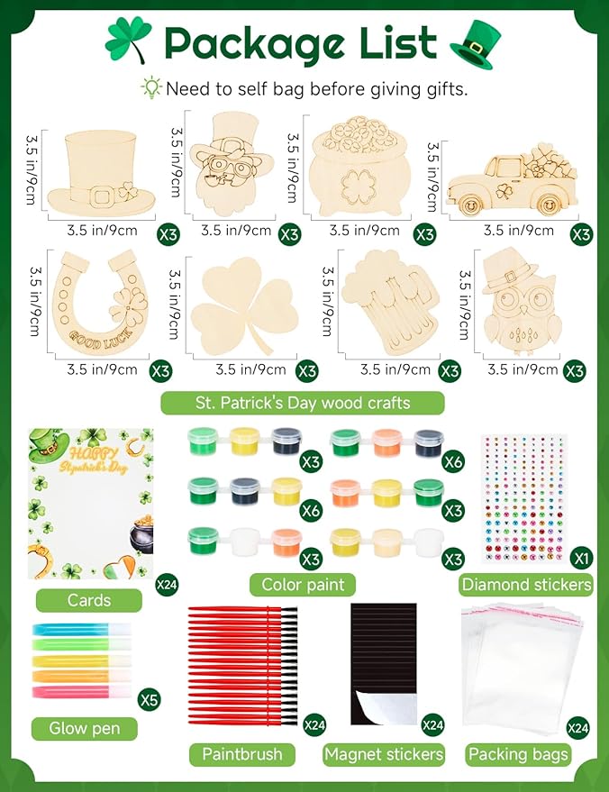 Bafeil 24 Set St. Patrick's Day Crafts for Kids - Color Your Own Art St. Patrick's Day Coloring Craft with Magnets Paints- Non-Toxic DIY Wood Paint Crafts Kits- St. Patrick's Activities for Classroom