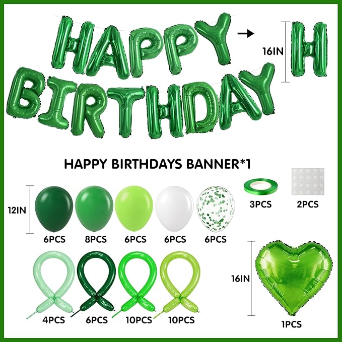 Green Happy Birthday Banner Balloon Aluminum Foil 16in Letter, 12in Latex Balloons, 11.8in Long Balloons, 16in Love Heart Aluminum Foil Balloon, Men, Women, Party Decoration Supplies (Green)
