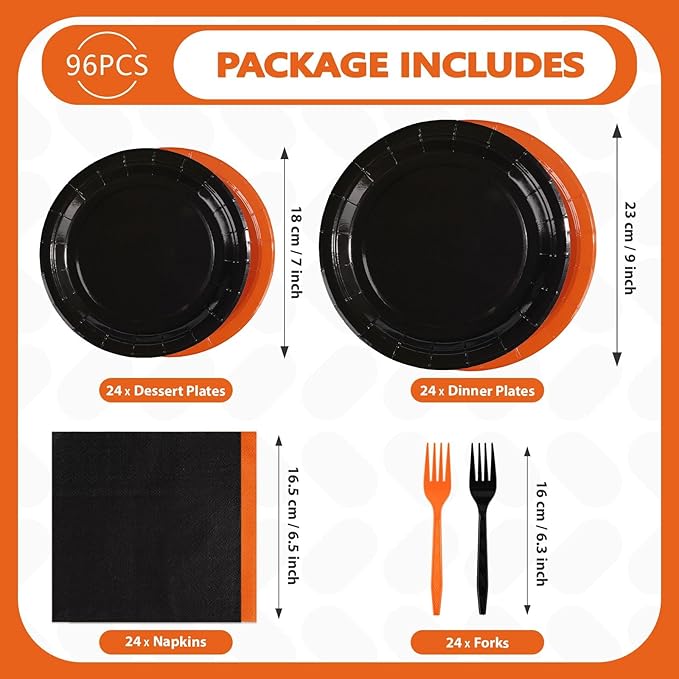 Grencian 96Pcs Orange and Black Party Decorations Orange and Black Plates and Napkins Disposable Paper Tableware Set for Birthday Wedding Baby Shower Fall Harvest Halloween Party Supplies, Serves 24