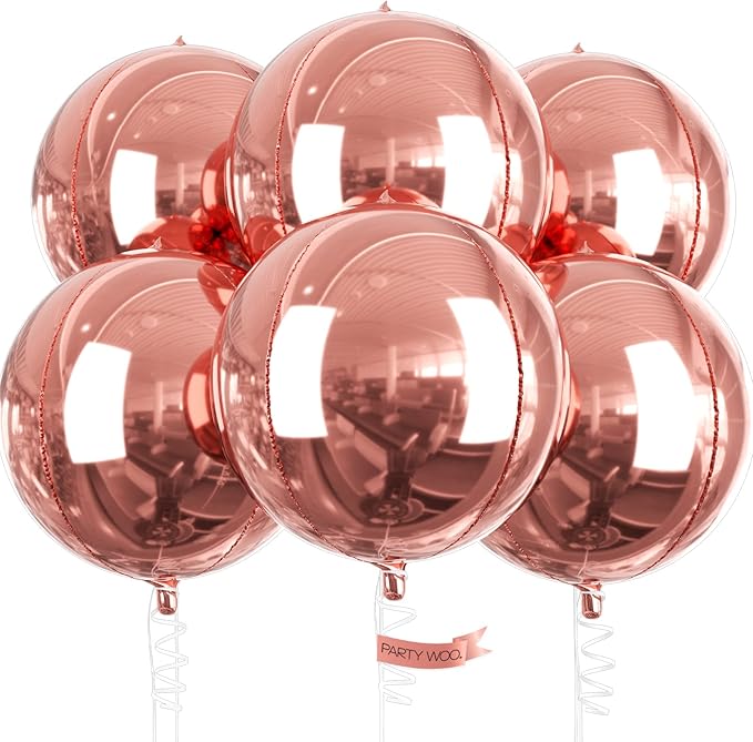 PartyWoo Rose Gold Foil Balloons 6pcs 22 Inch Large Round Foil Big Giant 4D Jumbo Inflatable Mirror Ball Mylar Balloons for Baby Shower Floral Birthday Wedding Bachelorette Party Decorations
