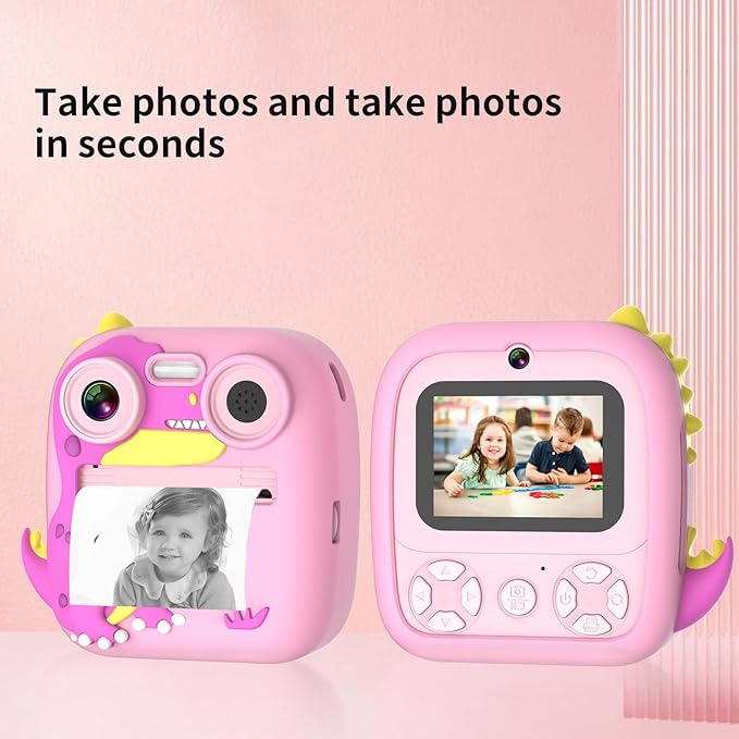 OKYUK Kids Camera Instant Print, OKYUKKLXJ-2, Instant Film Camera with 32GB TF Card, Dinosaur Selfie Camera, Birthday Gift