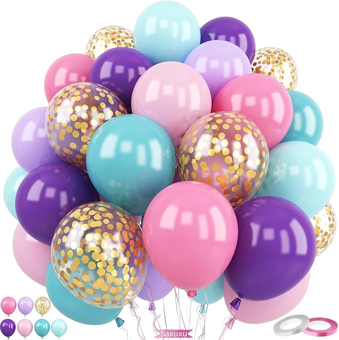 Pink Blue Purple Balloons, 60Pcs 12 Inch Pastel Macaron Pink Purple Teal Blue Gold Confetti Birthday Balloons for Girls Princess Birthday Party Wedding Baby Shower Decorations