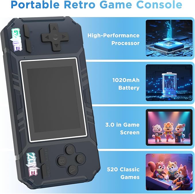 Handheld Portable Game Console, 520 Retro Video Games, 3.0 Inch LCD Screen and 1020mAh Battery Video Games, Portable Game Console Gift for Boys and Girls (Blue)