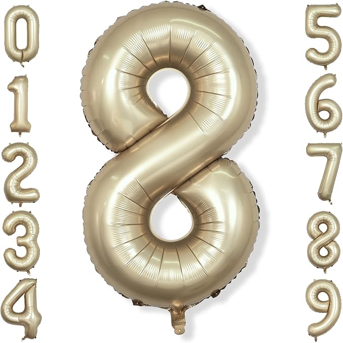 Metallic Gold Number 8 Balloons, 40 Inch Giant Light Champagne Gold Mylar Foil Number 8 Ballon for Boy Girl, Self Inflating 8th Birthday Helium Balloon for Women Anniversary Party Decorations Supplies
