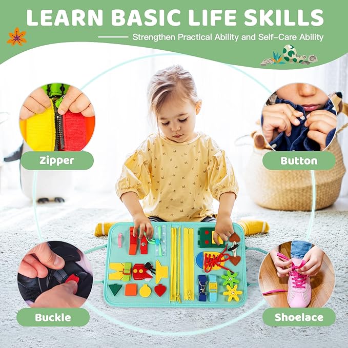 Toddler Busy Board for 1 Year Old, Montessori Toy Sensory Busy Book for Toddler 1-3 Fishing Game Life Skill, Learning Toy Car plane Activities Travel Essential 2-4 Birthday Easter Basket Stuffers Gift