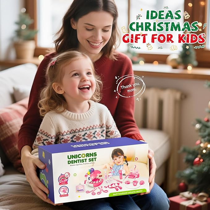 Dentist Play Set Toys for Girls, Doctor Kit for Toddlers 3-5, Unicorns Pretend Play Girl Toys 3 4 5 6 7 8 Years Old, Kids Doctor Playset with Light & Sound, Birthday Gifts for 3 4 5 6 7 8 Year Old