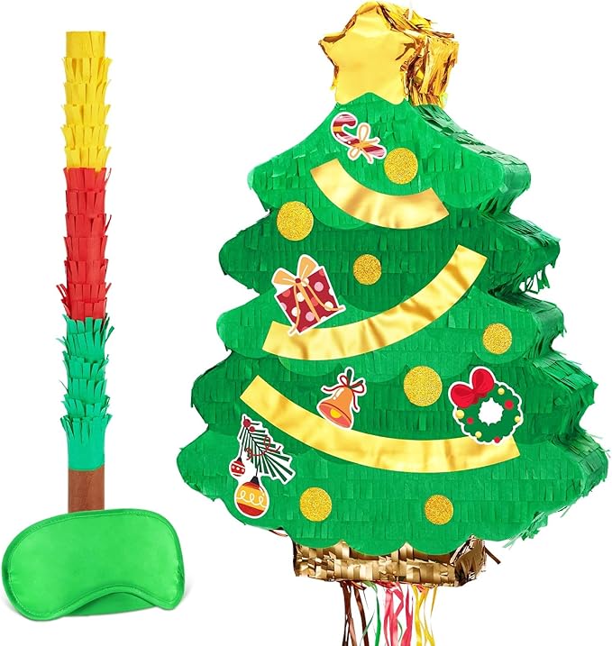 WERNNSAI Christmas Tree Piñata - Christmas Decorations XmasTree Party Game for Kids Festival Party Decor Supply Green Tree Design Merry Xmas Favor Pull String with Blindfold Bat 16.5” x 12.4”