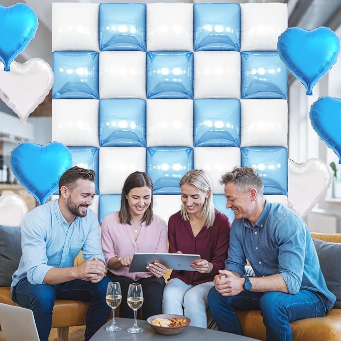 Blue White Square Foil Balloon Wall,25Pcs Double Sided Foil Balloons Backdrop Helium Polyester Tunnel Arch Garland Kit for Birthday Bridal Anniversary Baby Shower Party Decorations