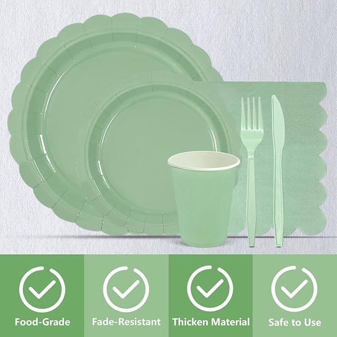 144Pcs Sage Green Party Supplies Sage Green Tableware Set Serve 24 Guests Includes Paper Plates Napkins Cups for Birthday Wedding Baby Shower Party Decorations