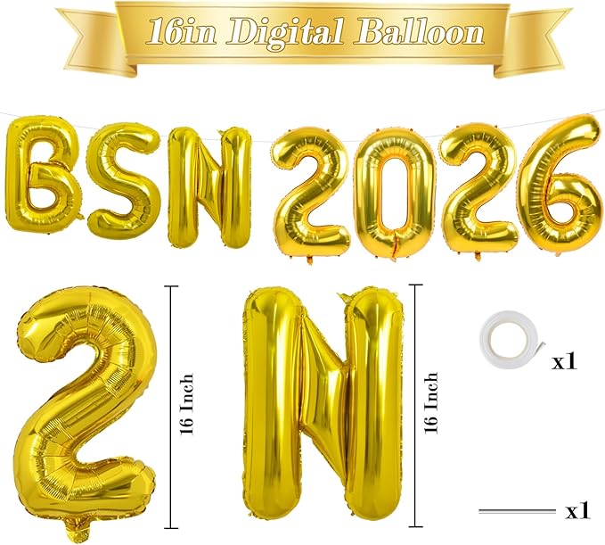 TONIFUL 2026 Nurse Graduation Decorations Gold BSN 2026 Balloons 16 Inch BSN 2026 Graduation Balloons Class of 2026 Congrats Nurse Balloons Decorations 2026 Nursing Graduation Party Supplies