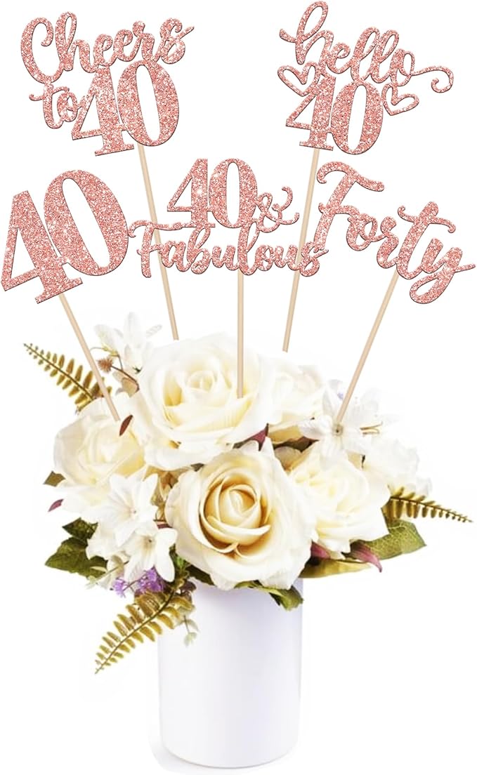 15PCS Happy 40th Birthday Centerpiece Sticks Forty Hello 40 Cheers to 40 Table Flower Centerpieces Sticks 40 Fabulous Floral Decorations for Happy 40th Birthday Party Centerpieces Supplies Rose Gold
