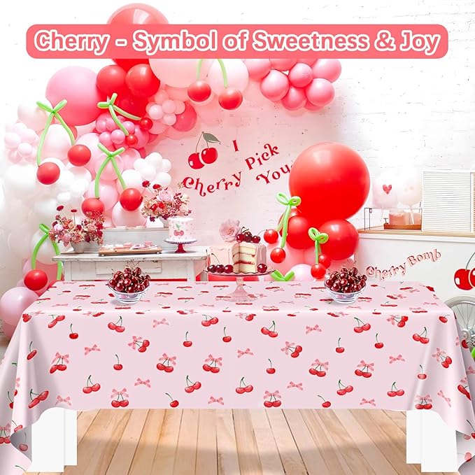 3pcs Cherry Birthday Decorations Tablecloths, Large Size Cherry and Bows Birthday Decorations Table Cloth for Cherries Themed Party, 54 x 108 Inch