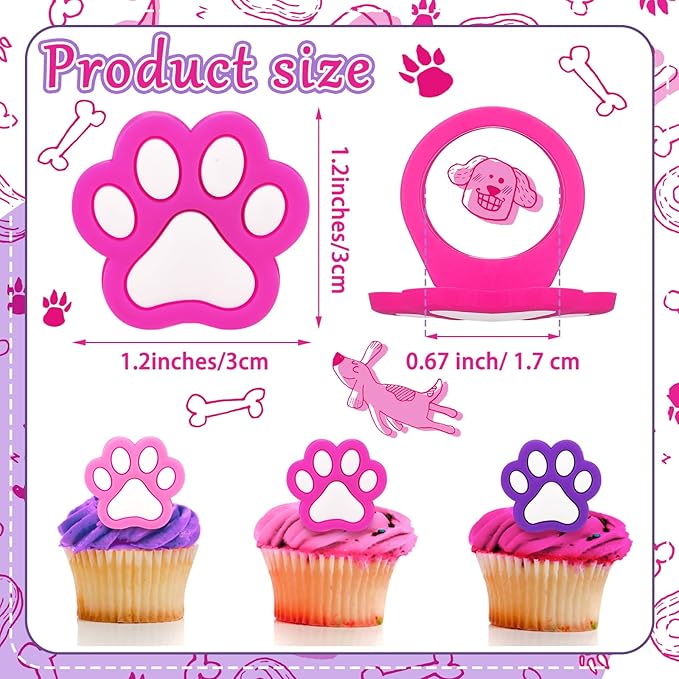48 Pcs Paw Dog Cupcake Rings Toppers Decorations Orange Blue Red Yellow Paw Dog Theme Birthday Cupcake Rings Decorations for Puppy Baby Shower Party Supplies(Pink, Purple)