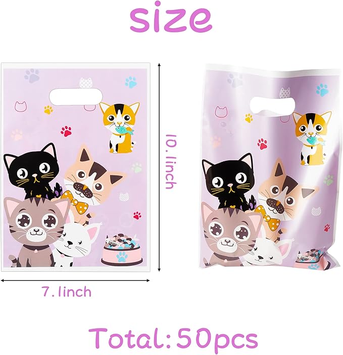 3sscha 50Pcs Cat Party Favor Bags Cute Kitten Themed Purple Waterproof Goodies Cookies Bag with Die Cut Handles Animals Pet Paw Glossy Plastic Gift Pack for Kid Birthday Party Decoration Supplies