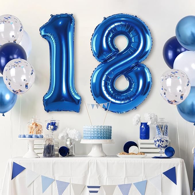 Navy Blue 18 Balloons, 40 Inch Dark Blue Foil Number 18 Balloon Set, XXL Self Inflating 18 Helium Balloon with Metallic Blue Silver Confetti Balloon for Men 18th Birthday Anniversary Party Decorations