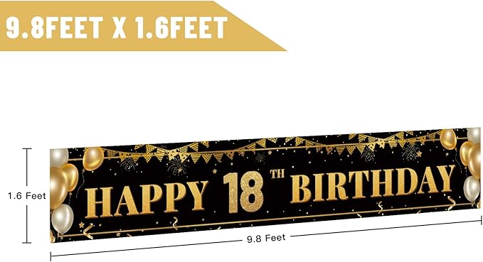 Large Happy 18th Birthday Decoration Banner, Black and Gold Happy 18th Birthday Banner Sign, 18th Birthday Party Decorations Supplies(9.8x1.6ft)