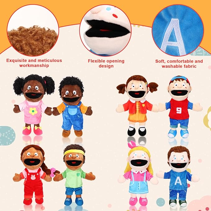 Lenwen 8 Piece Kids Hand Puppet Gifts Set 12 Inch Multicultural Plush Hand Puppets with Movable Mouth, Suitable for Classroom Interaction