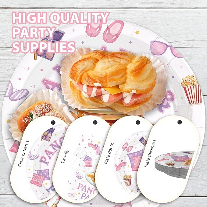 96Pcs Pancakes and Pajamas Party Supplies Pajama Brunch Plates and Napkins Girls Pink Night Sleepover Tableware Set for Girls Night Pancake Themed Slumber Party Decorations Serves 24