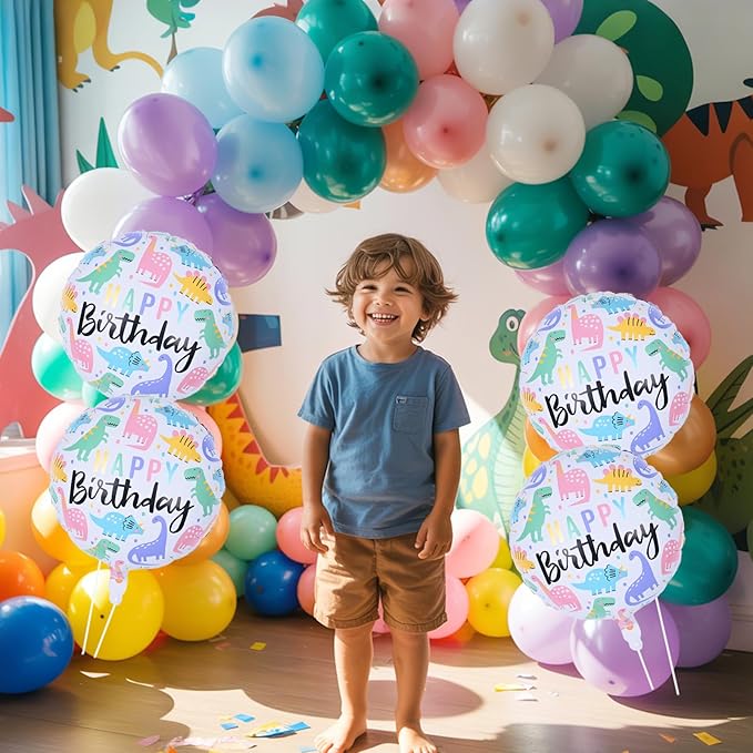 18" Dinosaur Balloons for Party Decorations, 4pcs Colorful Mylar Round Dinosaur Balloon, HAPPY Birthday Dino Foil Balloons for Kids Jungle Dino Themed Baby Shower Birthday Party Decor Supplies