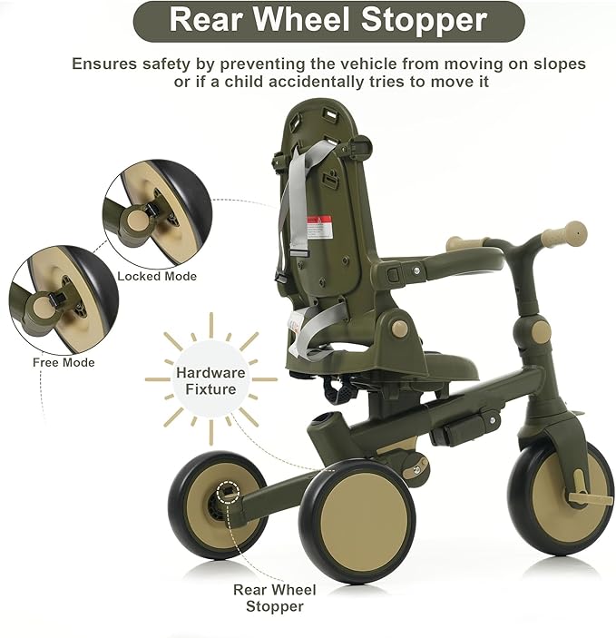 7-in-1 Baby Tricycle with Adjustable Parent Handle - Foldable Toddler Bike w/Removable Canopy & Guardrail, Aluminum Alloy Frame Stroller Bike for 1-6 Years Old (12-72 Months) (Dark Green-1)