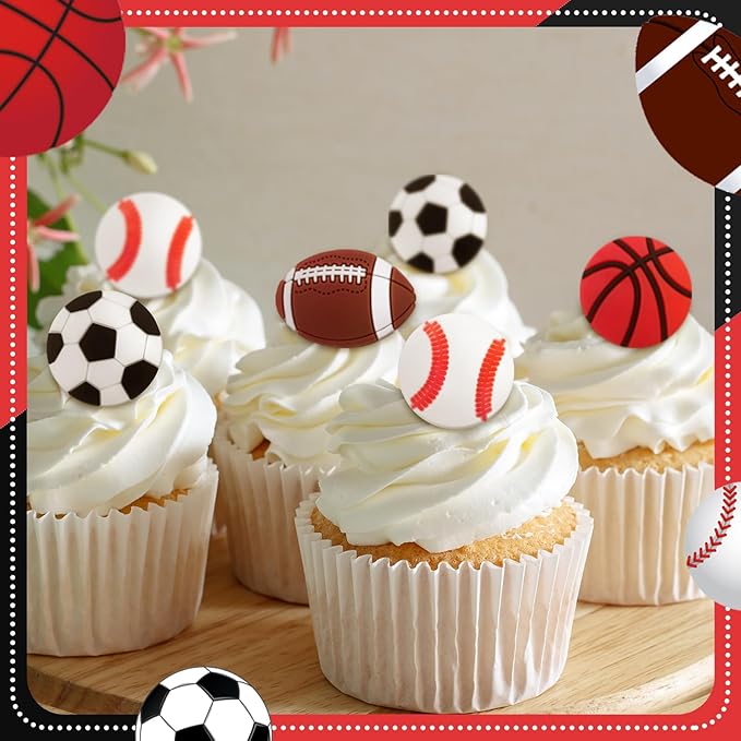 Honeydak 48 Pcs Sports Cupcake Toppers Senior Night Basketball Decoration Football Softball Soccer Cupcake Rings Toppers Picks Decoration 2026 for Sport Football Party Birthday Party Cake Supplies