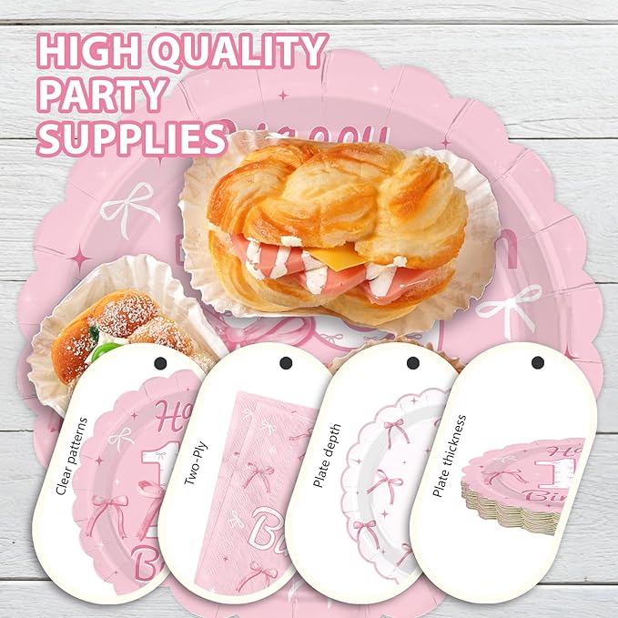 96Pcs Pink Bow Party Supplies Coquette 19th Birthday Party Plates and Napkins Disposable Bow Themed Tableware Set for Girl Happy 19th Birthday Baby Shower Decorations, Serves 24