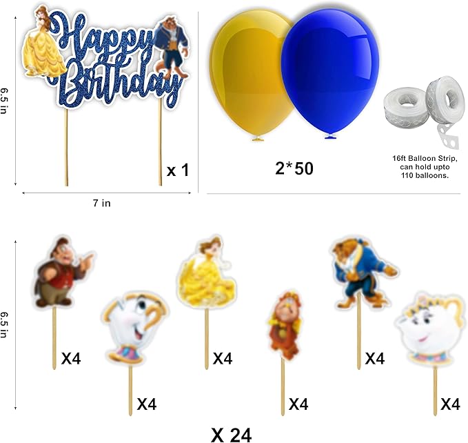 "Bauty & The Bast Theme Birthday Party Supplies – Princess Fairy Tale Party Decorations – Includes Happy Birthday Banner, Cake Topper, Cupcake Toppers, Garland & Table Décor for Celebrations"