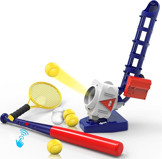 iPlay, iLearn Kids Pitching Machine Toys, 2 in 1 RC Baseball Tennis Pitcher, Auto Ball Launching Bat, Boys Outdoor Outside Sports Backyard Game, Birthday Gift 5 6 7 8 10 12 Yr Youth-Unassembled