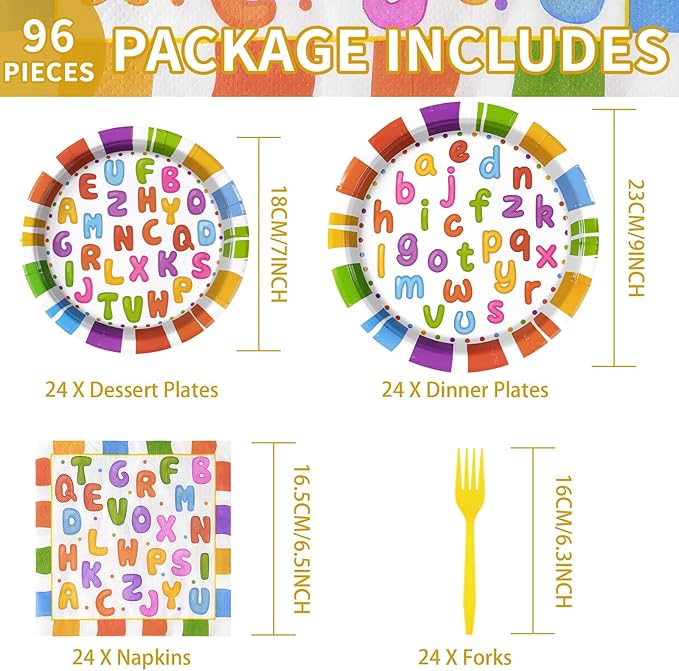 Grencian 96Pcs Alphabet Number Party Supplies Colorful Alphabet Number Plates and Napkins Disposable Paper Tableware Set for Kids Boys Girls Numbers Games Baby Shower Party Supplies, Serves 24